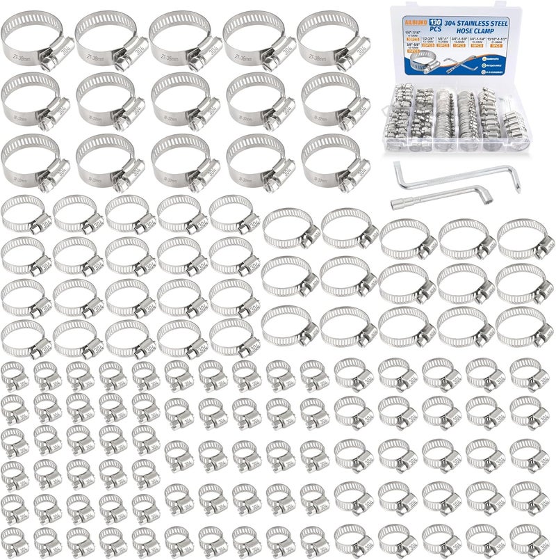 Ailbiuko 130 PCS Hose Clamp Assortment Kit 304 Stainless Steel Hose Clamps Adjustable 1/4"-1-1/2"(6-38mm) Worm Gear Clamps for Fuel Line, Plumbing, Automotive, Pipe, Tube, Radiator, Garden - Image 1